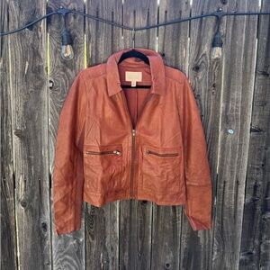Hinge Brown Genuine Leather Zip-Up Jacket With Knit Sides and Sleeves Medium